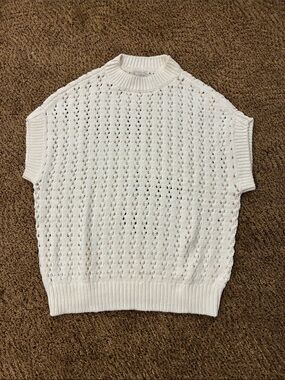 LOFT Cream Open-Knit Short Sleeve Sweater Shell